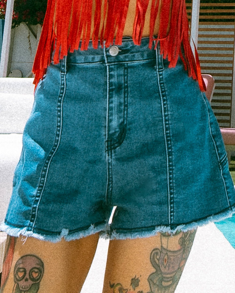 Kiss My Stars Denim High Waist Red Star Shorts - Cindy Jane Boutique - Shorts
