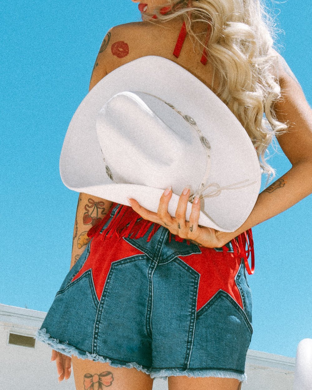 Kiss My Stars Denim High Waist Red Star Shorts - Cindy Jane Boutique - Shorts