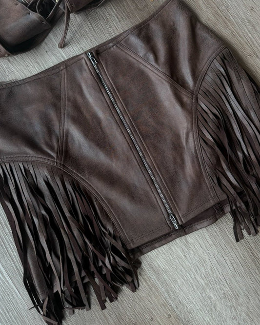 Kiss & Tell Brown Faux Suede Western Fringe Mini Skirt - Cindy Jane Boutique - Skirts