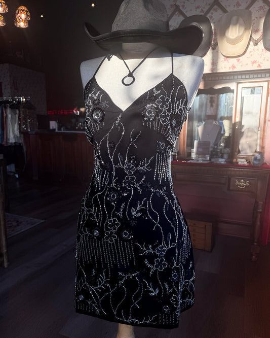 Lady Luck Black Chiffon Sequin Beaded Backless Mini Dress - Cindy Jane Boutique - Short Dresses