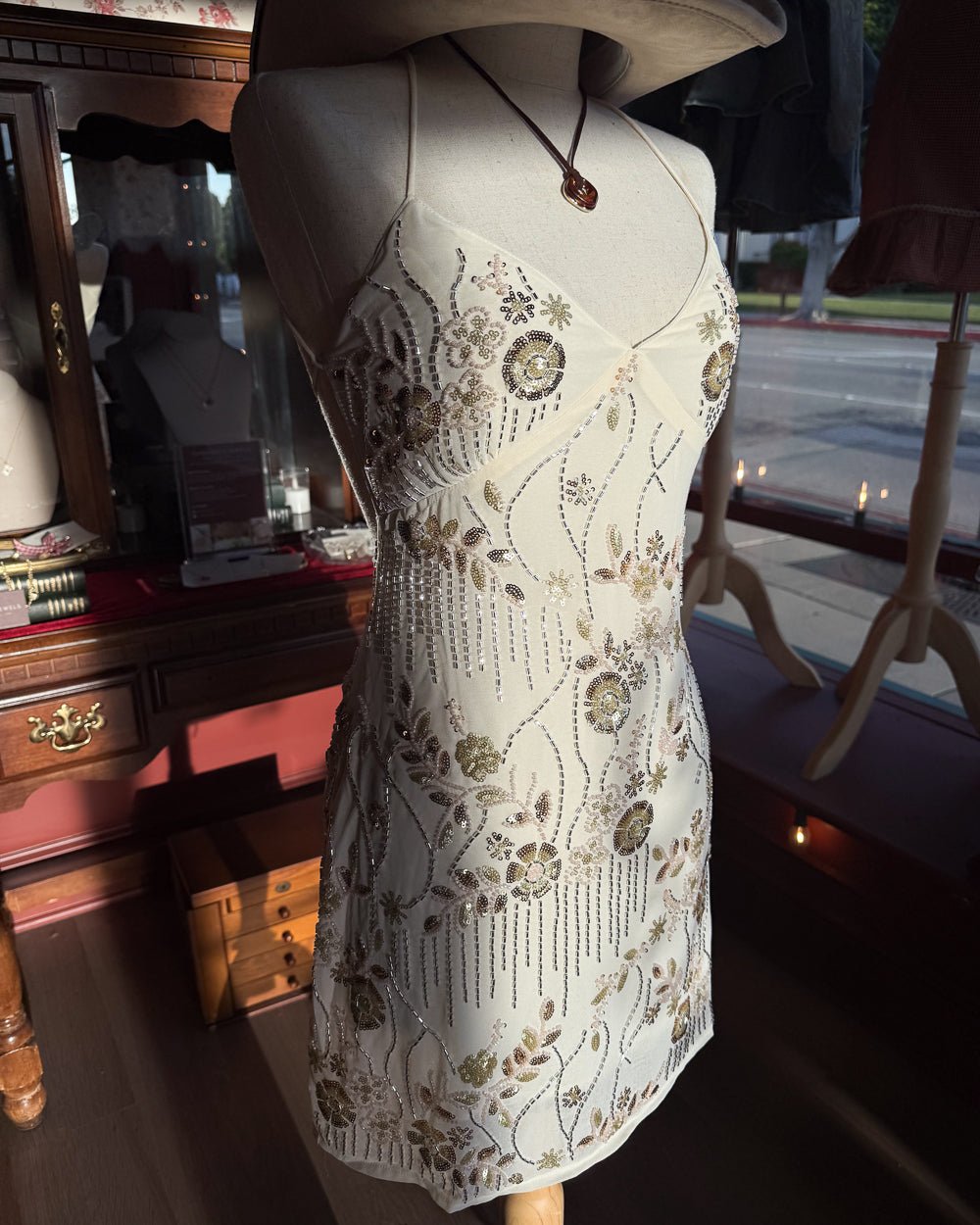 Lady Luck Ivory Chiffon Sequin Beaded Backless Mini Dress - Cindy Jane Boutique - Short Dresses