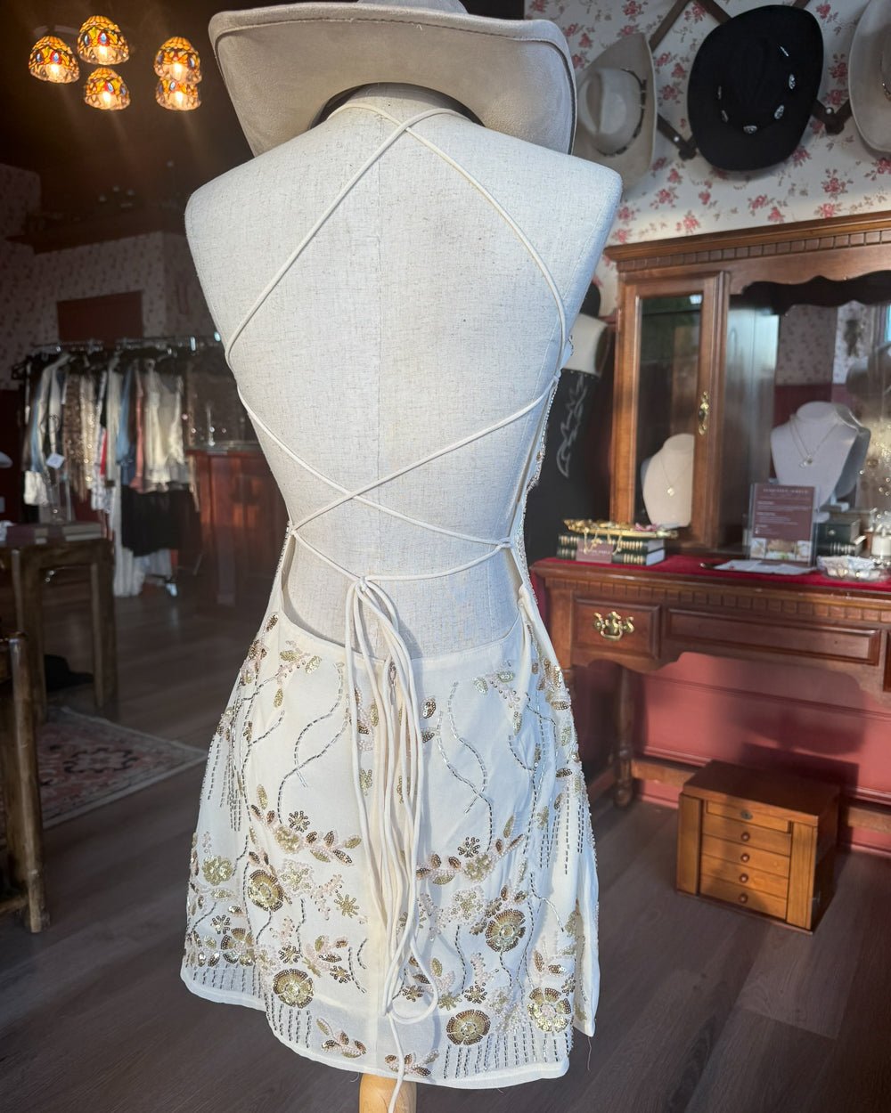Lady Luck Ivory Chiffon Sequin Beaded Backless Mini Dress L / Ivory