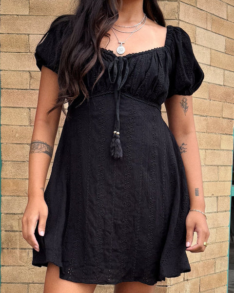 Lainey Black Puff Sleeve Eyelet Smocked Mini Dress M / Black Lainey Black Puff Sleeve Eyelet Smocked Mini Dress M / Black
