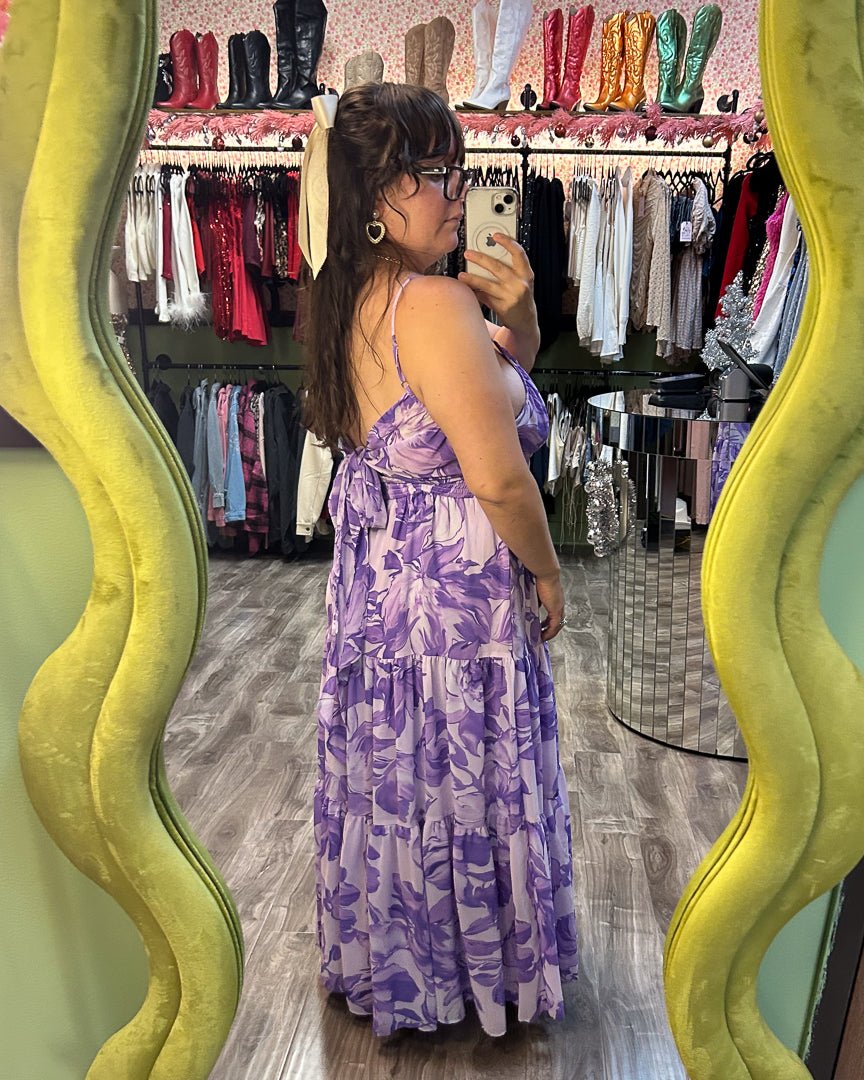 Lavender Multi Floral Print Chiffon Tie Back Tiered Maxi Dress L / Lavender Lavender Multi Floral Print Chiffon Tie Back Tiered Maxi Dress L / Lavender