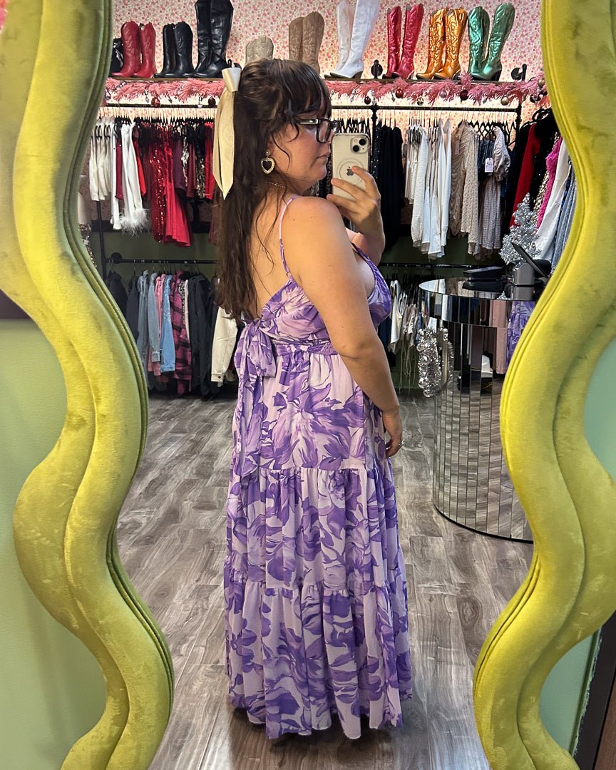 Lavender Multi Floral Print Chiffon Tie Back Tiered Maxi Dress - Cindy Jane Boutique - Maxi Dresses