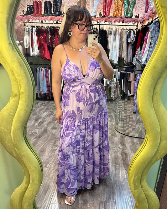 Lavender Multi Floral Print Chiffon Tie Back Tiered Maxi Dress - Cindy Jane Boutique - Maxi Dresses