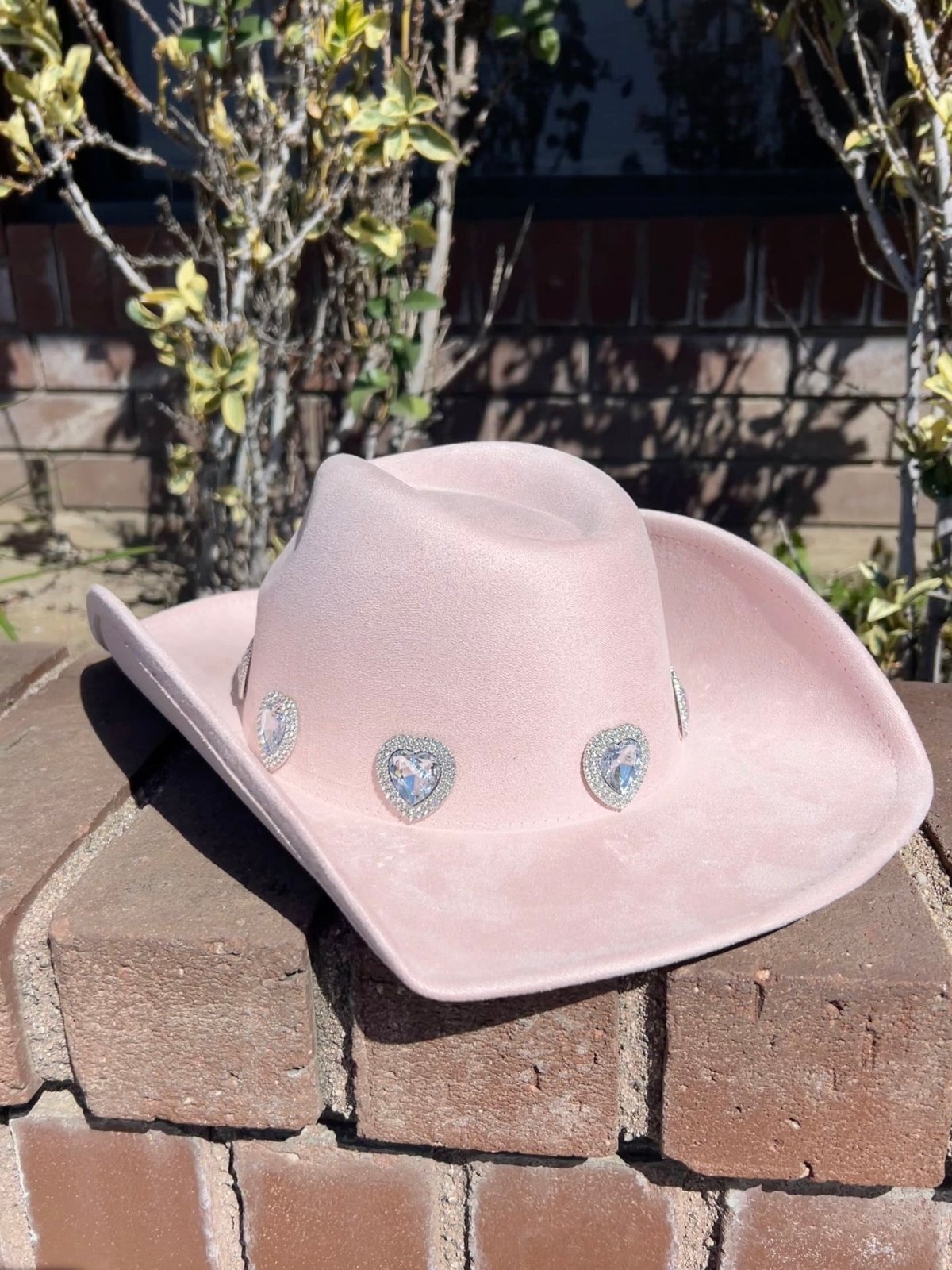 Light Blush Faux Suede Heart Jeweled Cowgirl Hat - Cindy Jane Boutique - Hats