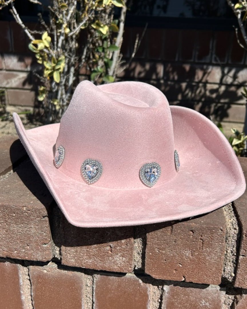 Light Blush Faux Suede Heart Jeweled Cowgirl Hat - Cindy Jane Boutique - Hats