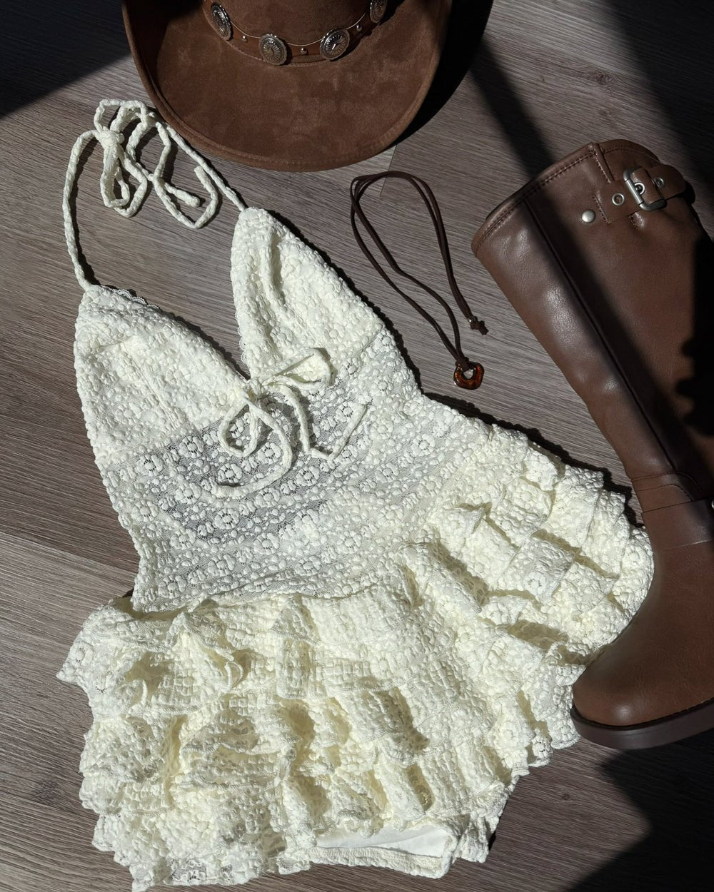Little White Lie Ivory Lace Halter Ruffle Romper - Cindy Jane Boutique - Rompers