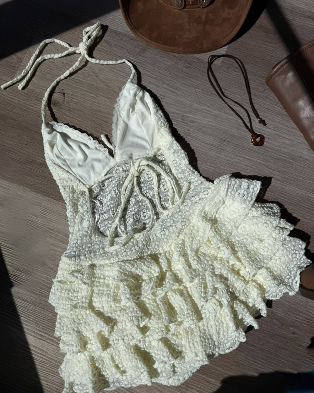 Little White Lie Ivory Lace Halter Ruffle Romper - Cindy Jane Boutique - Rompers
