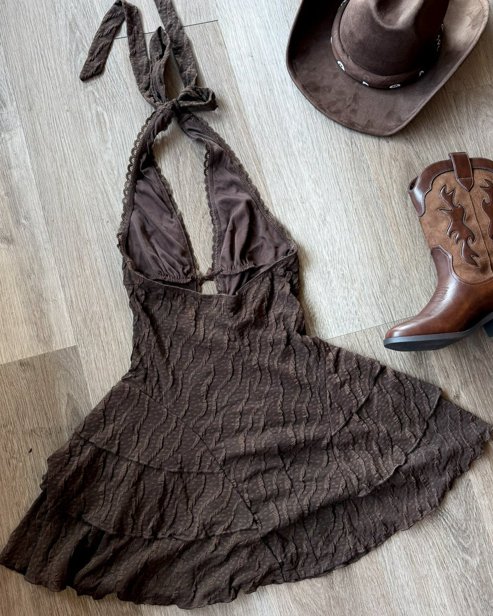 Love Song Brown Lace Halter Mini Dress - Cindy Jane Boutique - Short Dresses