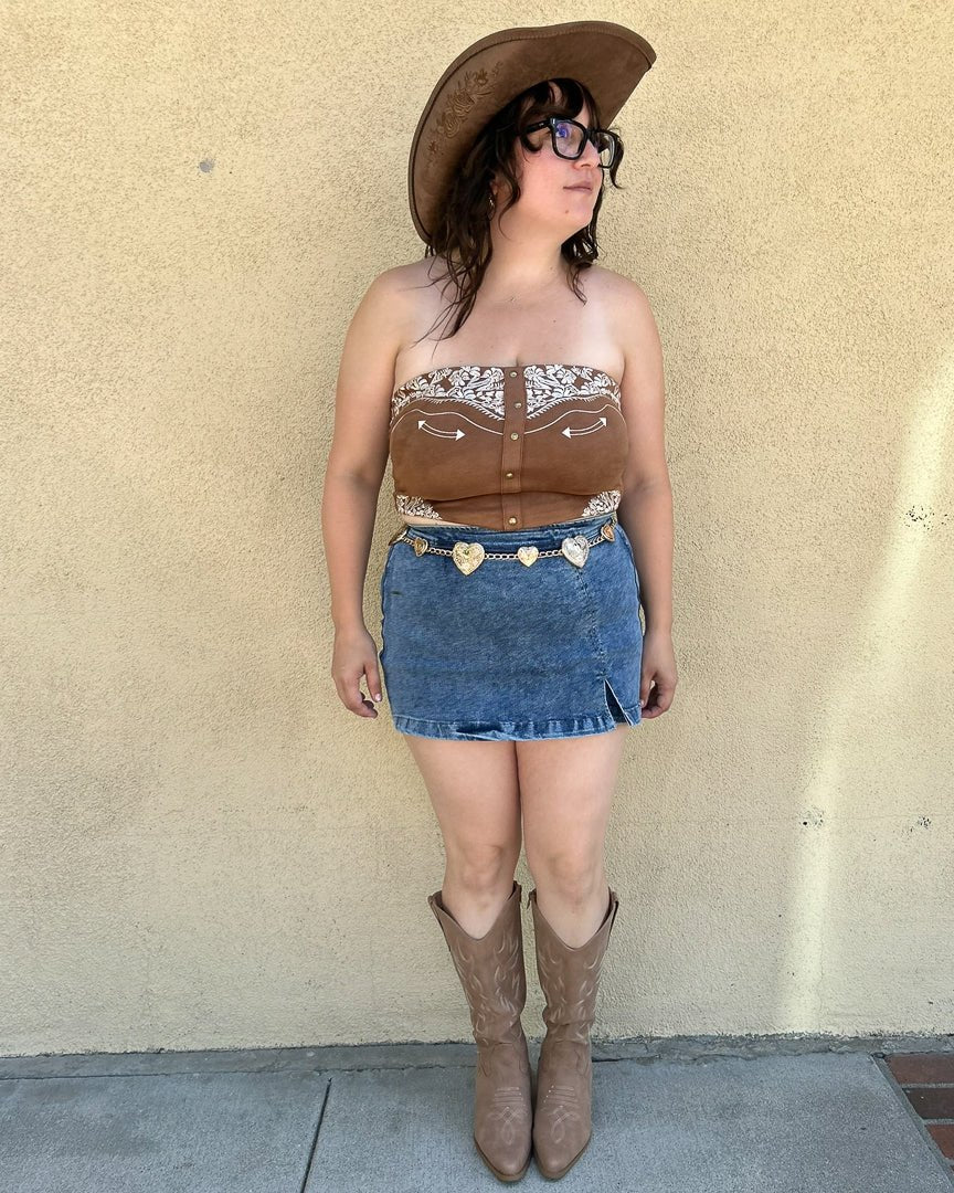 Lucinda Brown Faux Suede Western Embroidered Strapless Corset Top - Cindy Jane Boutique - Tanks, Camis & Tube Tops