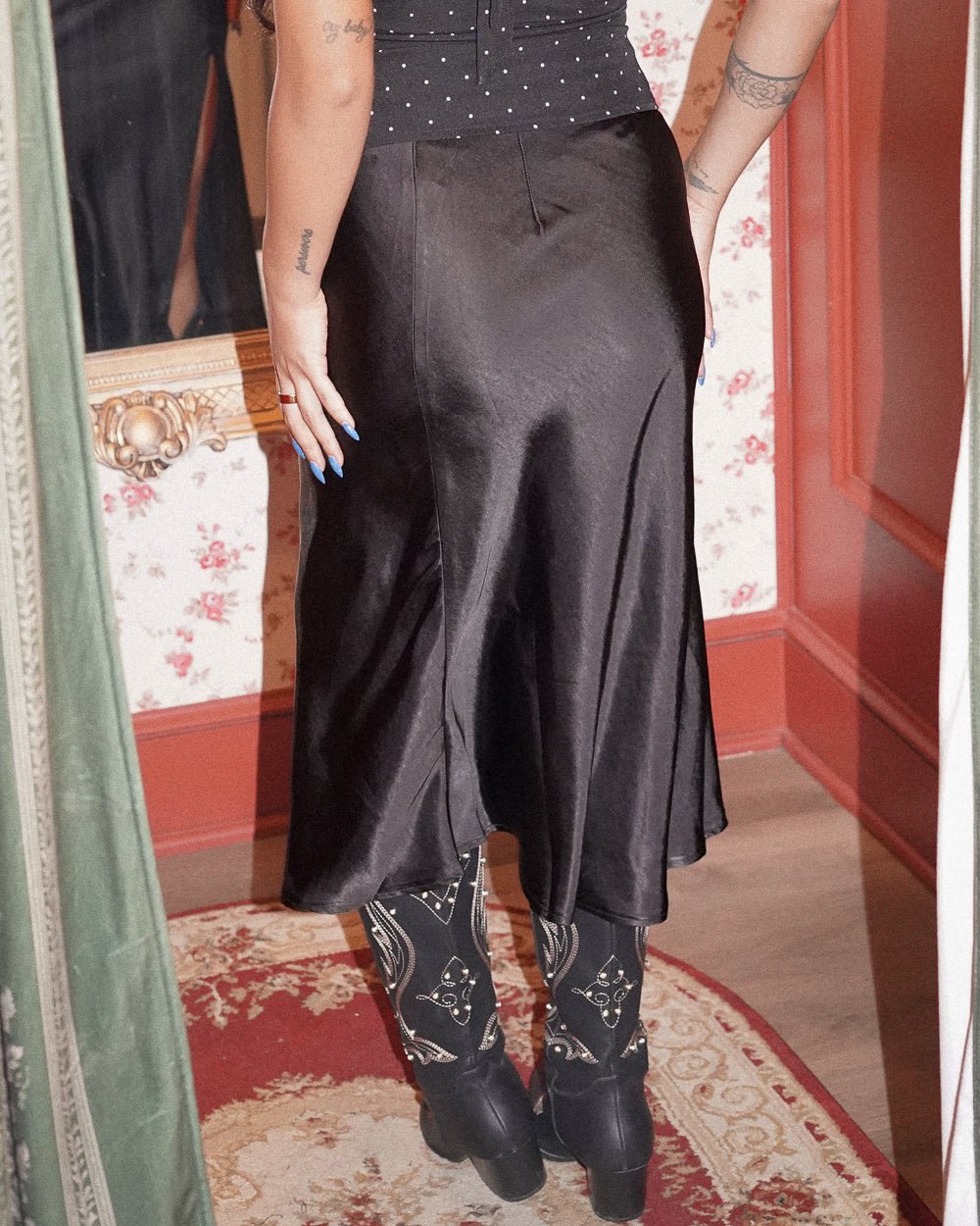 Marlowe Black Bias Cut Satin Midi Skirt - Cindy Jane Boutique - Skirts
