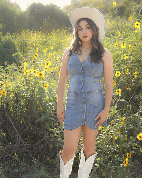 denim v neck dress Savannah Medium Wash V Neck Sleeveless Denim Mini Dress S / Medium Wash