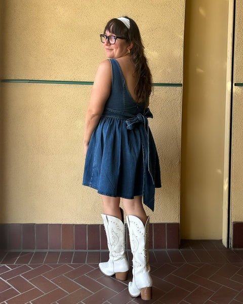 Medium Wash Square Neck Denim Corset Skater Dress S / Medium Wash