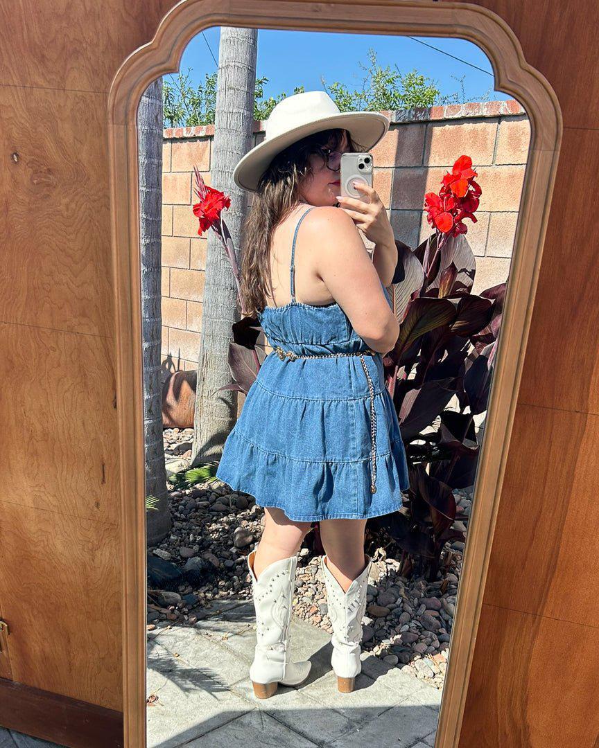 Medium Wash Tiered Denim Mini Dress M / Medium Wash Medium Wash Tiered Denim Mini Dress M / Medium Wash