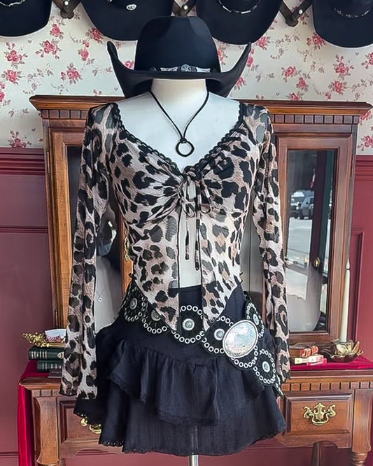 Mercy Me Leopard Print Off - Shoulder Mesh Crop Top - Cindy Jane Boutique - Long Sleeve Tops