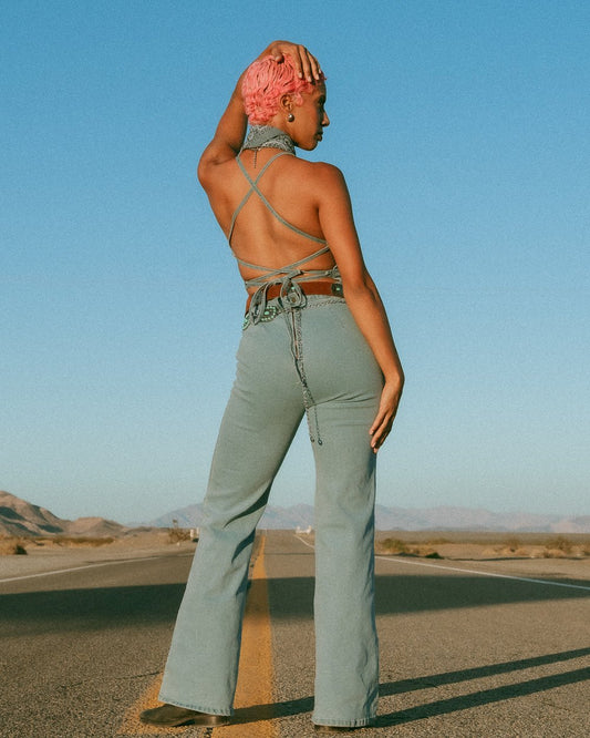 Mesa Light Wash Lace Up Backless Flared Denim Jumpsuit - Cindy Jane Boutique - Jumpsuits