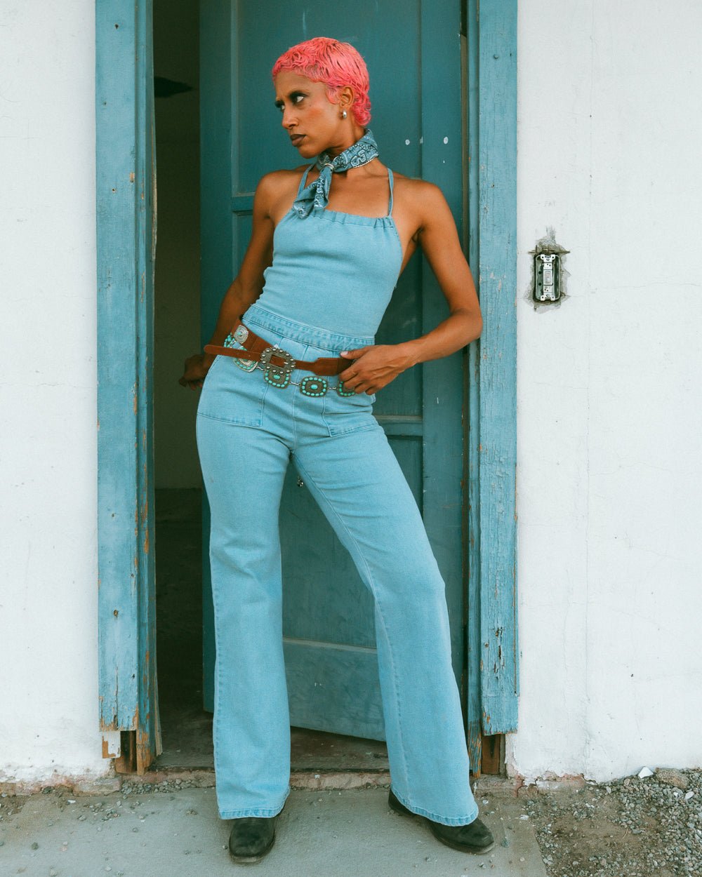 Mesa Light Wash Lace Up Backless Flared Denim Jumpsuit - Cindy Jane Boutique - Jumpsuits