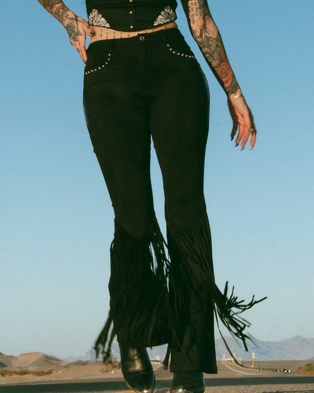Midnight Rodeo Black Studded Faux Suede Fringe Flare Pants - Cindy Jane Boutique - Pants