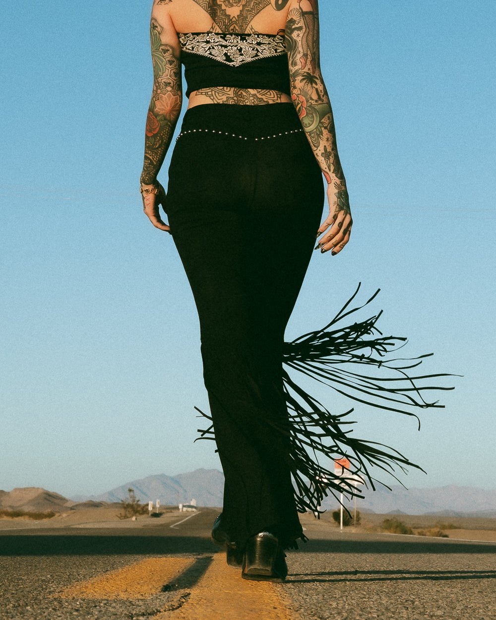 Midnight Rodeo Black Studded Faux Suede Fringe Flare Pants - Cindy Jane Boutique - Pants
