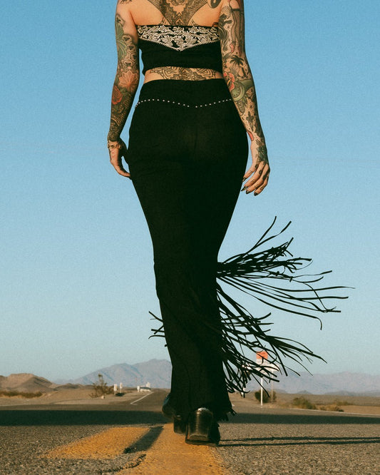 Midnight Rodeo Black Studded Faux Suede Fringe Flare Pants - Cindy Jane Boutique - Pants