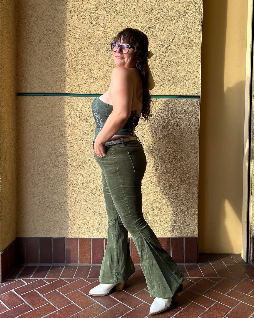 Moonstruck Olive Green Corduroy Flare Pants