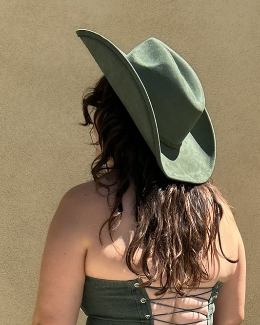 Olive Green Faux Suede Rope Braid Strap Cowboy Hat - Cindy Jane Boutique - Hats