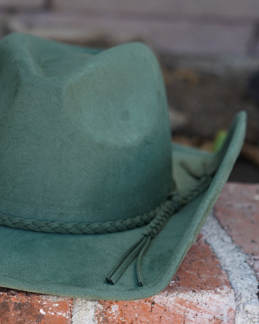 Olive Green Faux Suede Rope Braid Strap Cowboy Hat - Cindy Jane Boutique - Hats