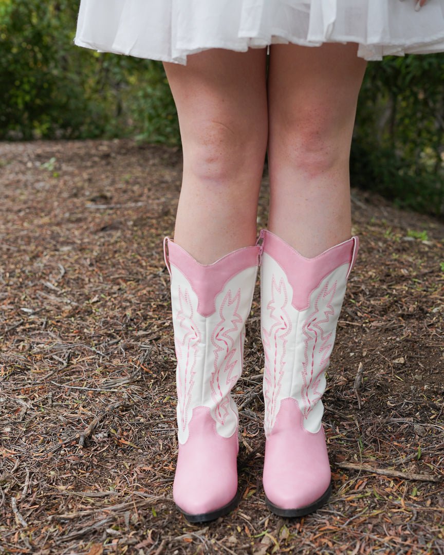 Pink and White Crinkle PU Western Boot - Cindy Jane Boutique - Boots