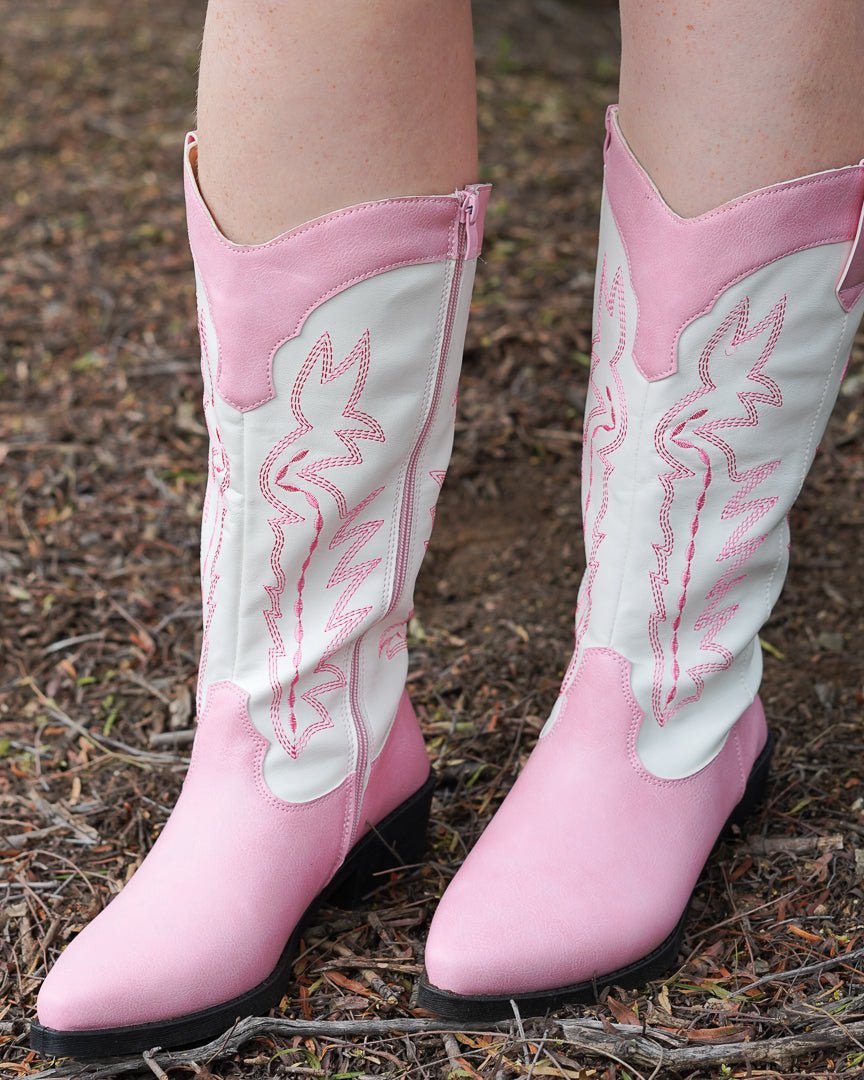 Pink and White Crinkle PU Western Boot - Cindy Jane Boutique - Boots