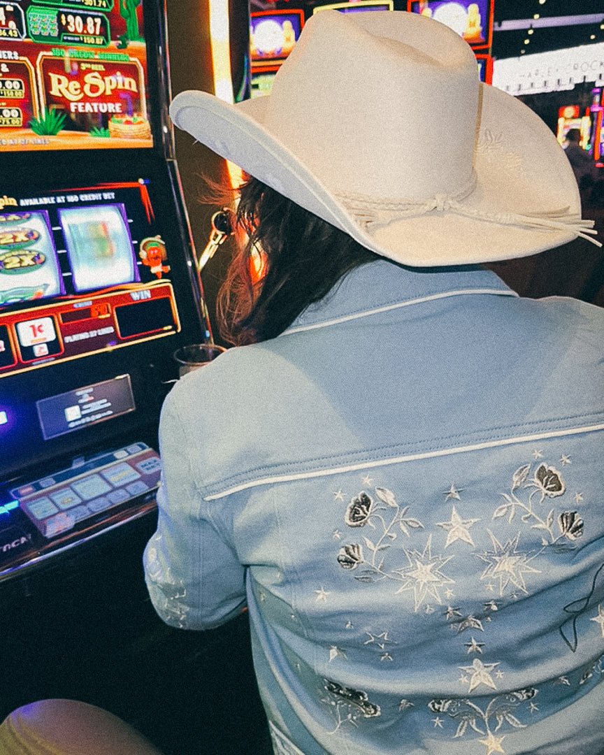 Powder Blue Twill Denim Embroidered Western Button Up Jacket - Cindy Jane Boutique - Coats & Jackets