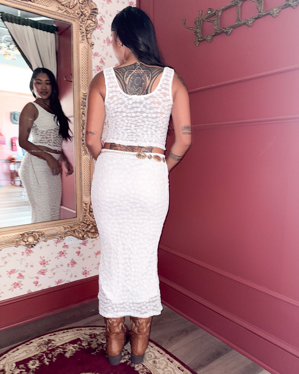 Presley White Lace Bustier Crop Top And Midi Skirt Set - Cindy Jane Boutique - Two Piece Sets