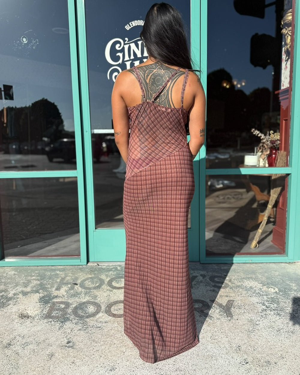 Ramona Brown Plaid Sheer Back Slinky Maxi Dress - Cindy Jane Boutique - Maxi Dresses