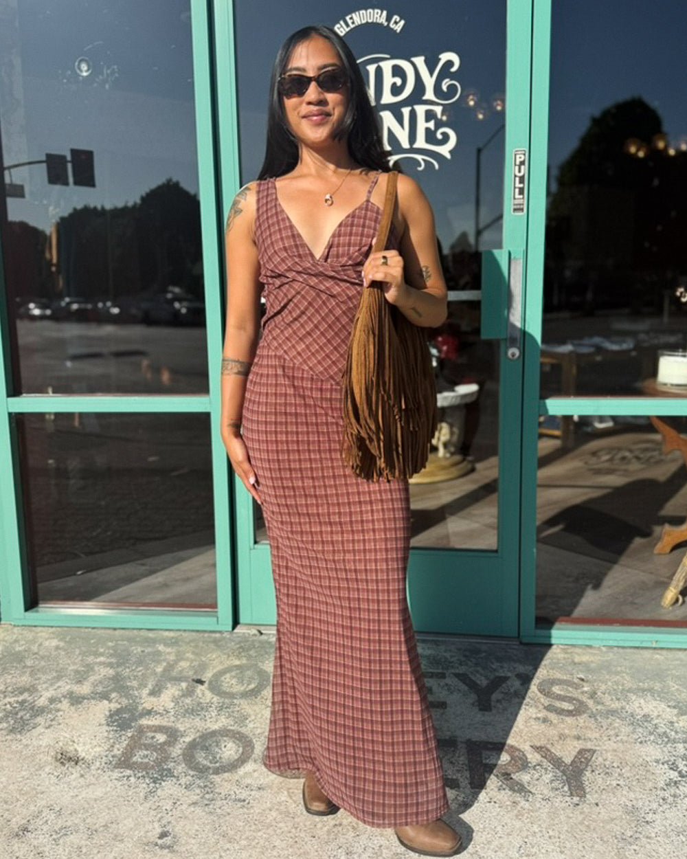 Ramona Brown Plaid Sheer Back Slinky Maxi Dress - Cindy Jane Boutique - Maxi Dresses