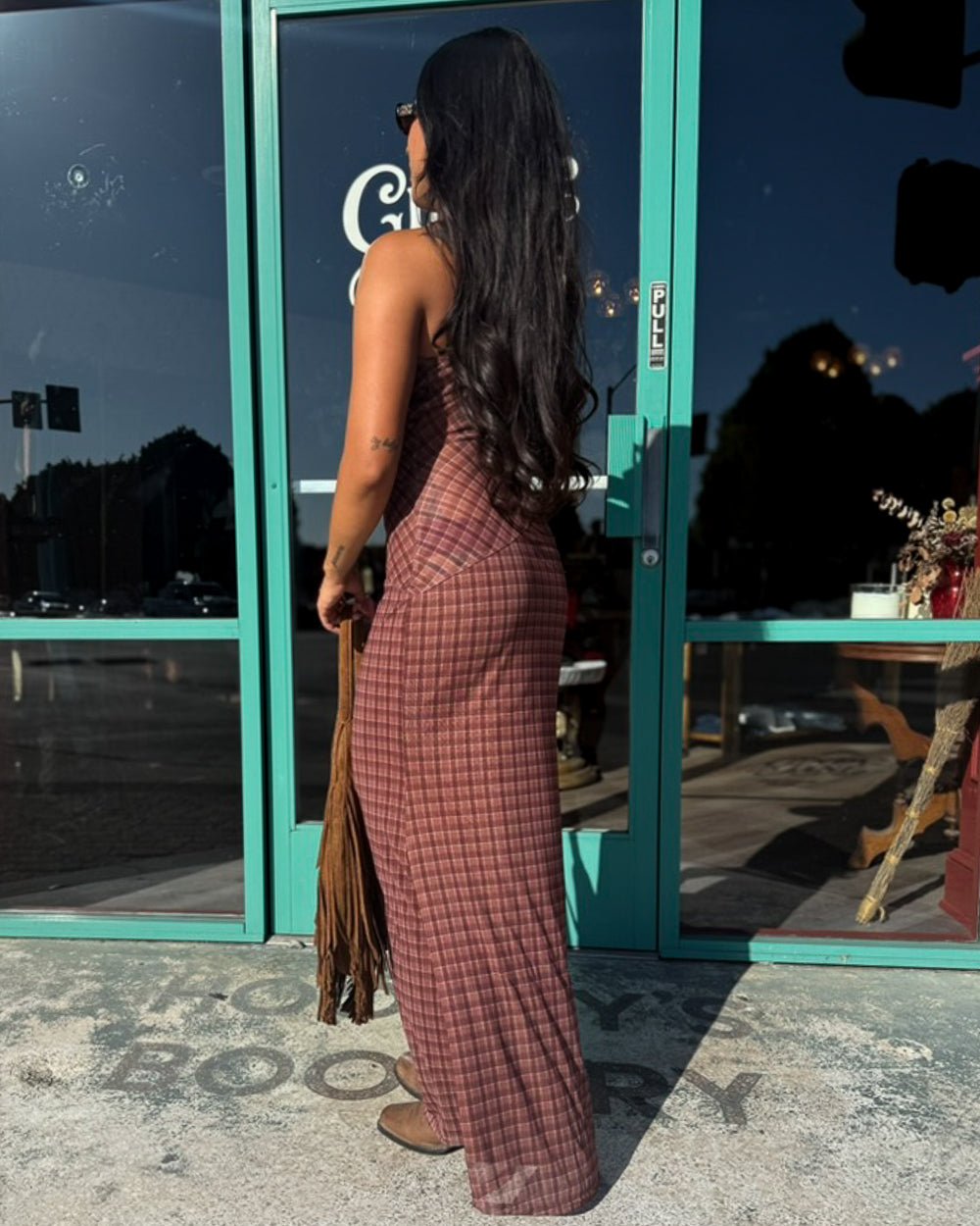 Ramona Brown Plaid Sheer Back Slinky Maxi Dress - Cindy Jane Boutique - Maxi Dresses