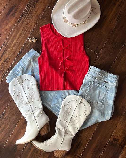 Red Coquette Ribbed Knit Tie Front Sleeveless Tank Top - Cindy Jane Boutique - Tanks, Camis & Tube Tops