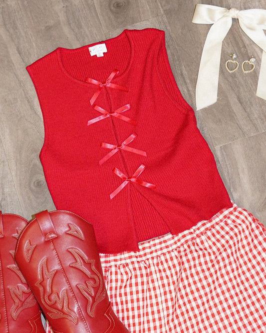 Red Coquette Ribbed Knit Tie Front Sleeveless Tank Top - Cindy Jane Boutique - Tanks, Camis & Tube Tops