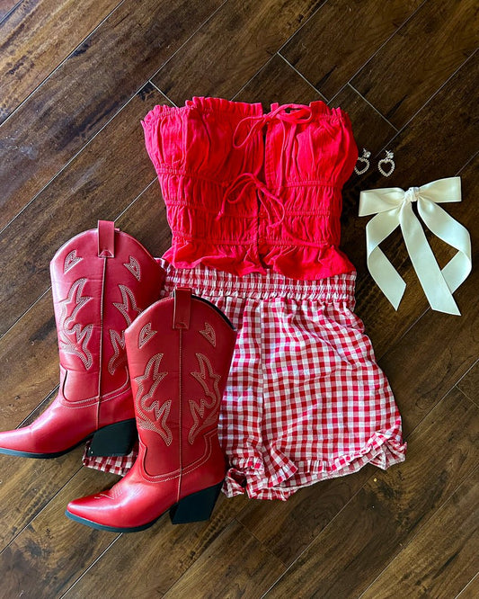 Red Coquette Strapless Tie Front Ruffle Crop Top - Cindy Jane Boutique - Tanks, Camis & Tube Tops