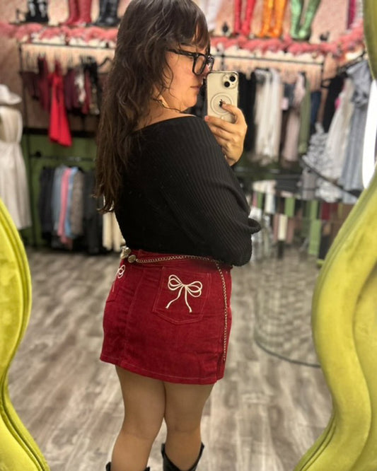 Red Corduroy Mini Skirt With Back Bow Pocket Detail - Cindy Jane Boutique - Skirts