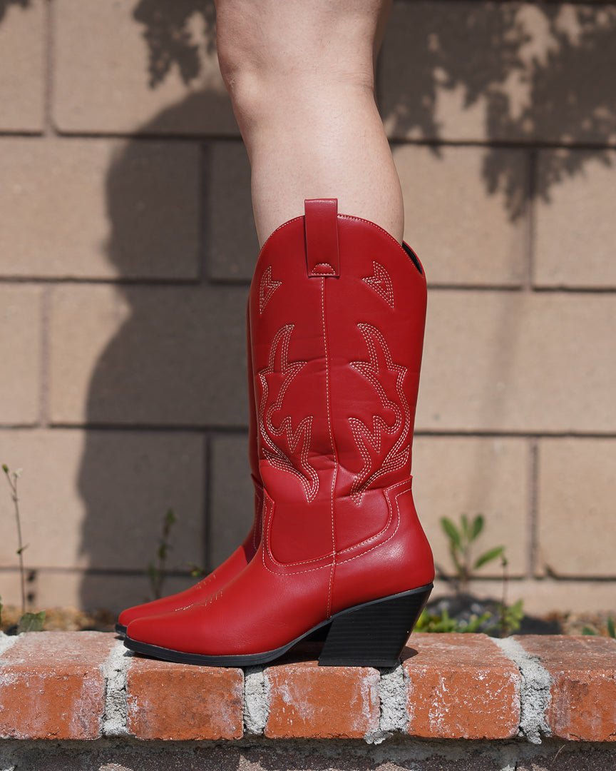 Red Faux Leather Embroidered Cowboy Boots - Cindy Jane Boutique - Boots