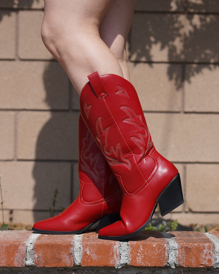 Red Faux Leather Embroidered Cowboy Boots - Cindy Jane Boutique - Boots