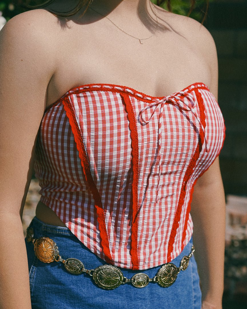 Red Gingham Front Tie Bustier Corset Top - Cindy Jane Boutique - Tanks, Camis & Tube Tops