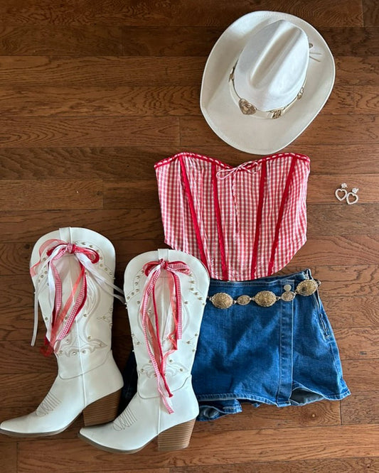 Red Gingham Front Tie Bustier Corset Top - Cindy Jane Boutique - Tanks, Camis & Tube Tops