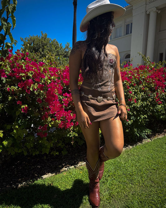 Rosa Brown Faux Leather Western Floral Strapless Corset Top - Cindy Jane Boutique - Tanks, Camis & Tube Tops