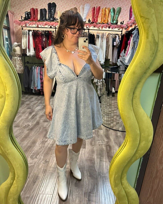 Sadie Light Wash Denim Rhinestone Ruffle Open Back Skater Mini Dress - Cindy Jane Boutique - Short Dresses