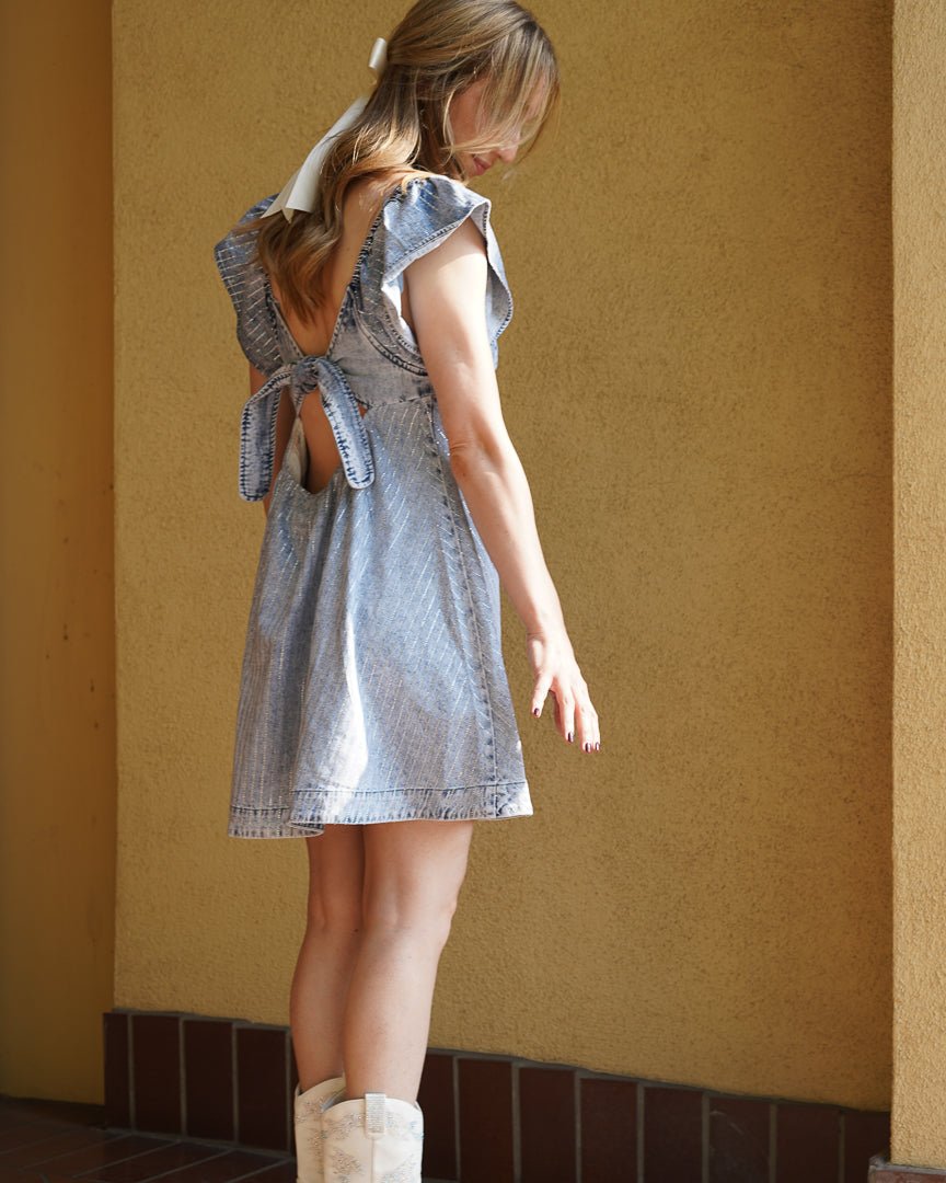 Sadie Light Wash Denim Rhinestone Ruffle Open Back Skater Mini Dress - Cindy Jane Boutique - Short Dresses