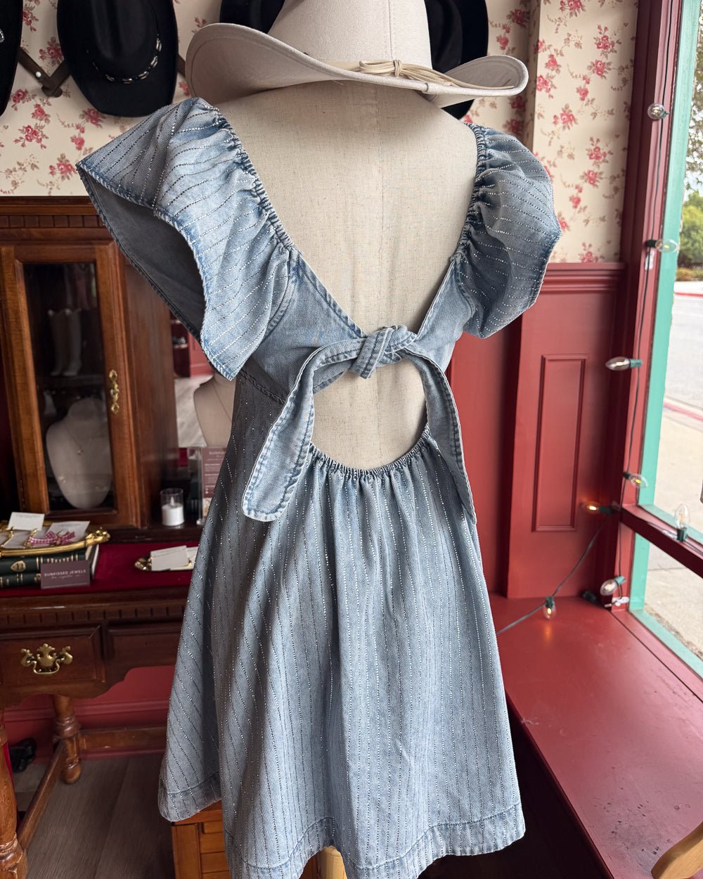 denim diamond dress Sadie Light Wash Denim Rhinestone Ruffle Open Back Skater Mini Dress S / Light Wash