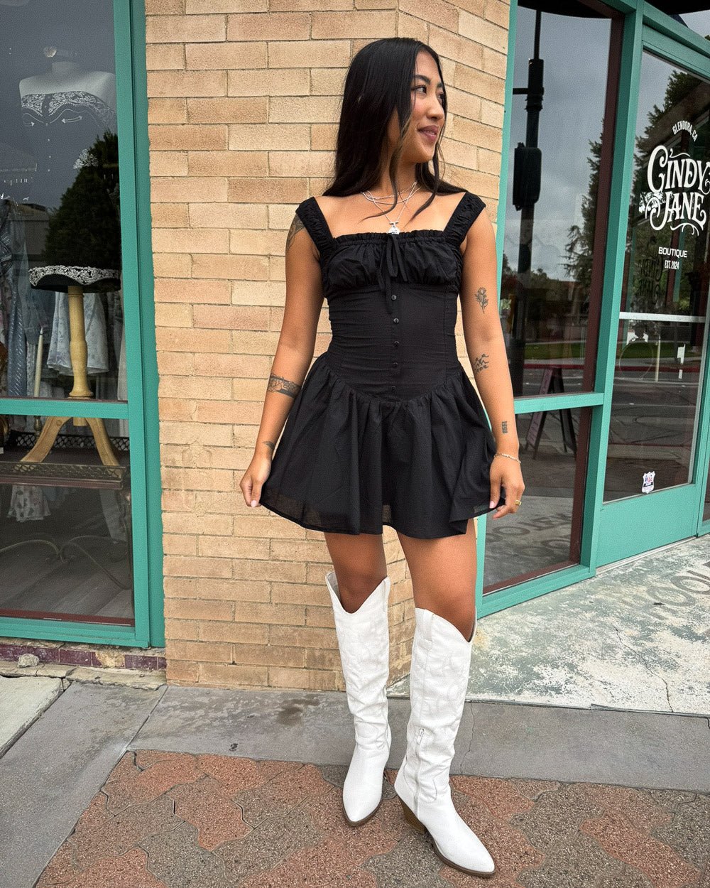 Saloon Song Black Square Neck Sleeveless Corset Ruffle Mini Dress