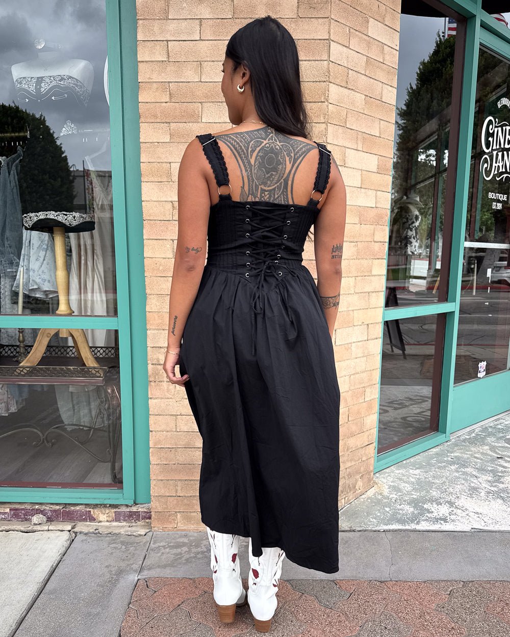 Second Verse Black Stretch Poplin Corset Side Slit Maxi Dress - Cindy Jane Boutique - Maxi Dresses